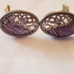 Elegant and classy iris enamel and tiny marcasite amethyst oval clip earrings